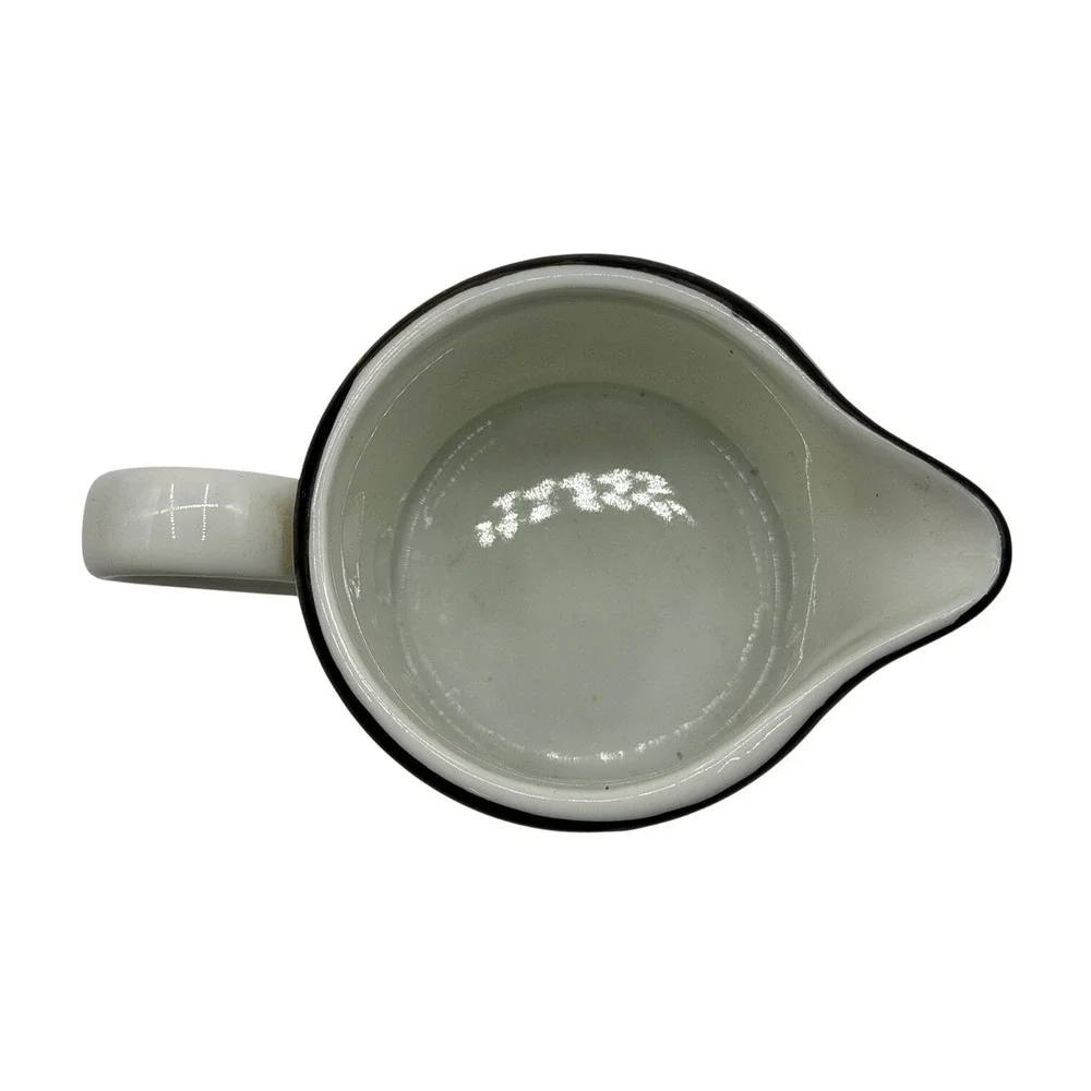 White Ceramic Creamer Pitcher Farmhouse Scene‎ Black Rim Japan